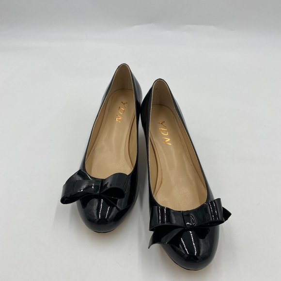 YDN Shoes Ydn Black Patent Leather Round Toe Kitten Low Heels Slip